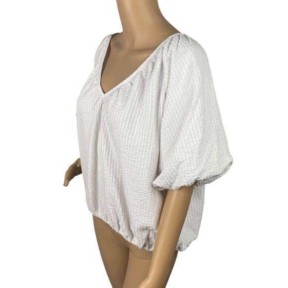 LOFT NWT White V-neck Crinkle Seersucker Peasant Top SZ L - Picture 7 of 11